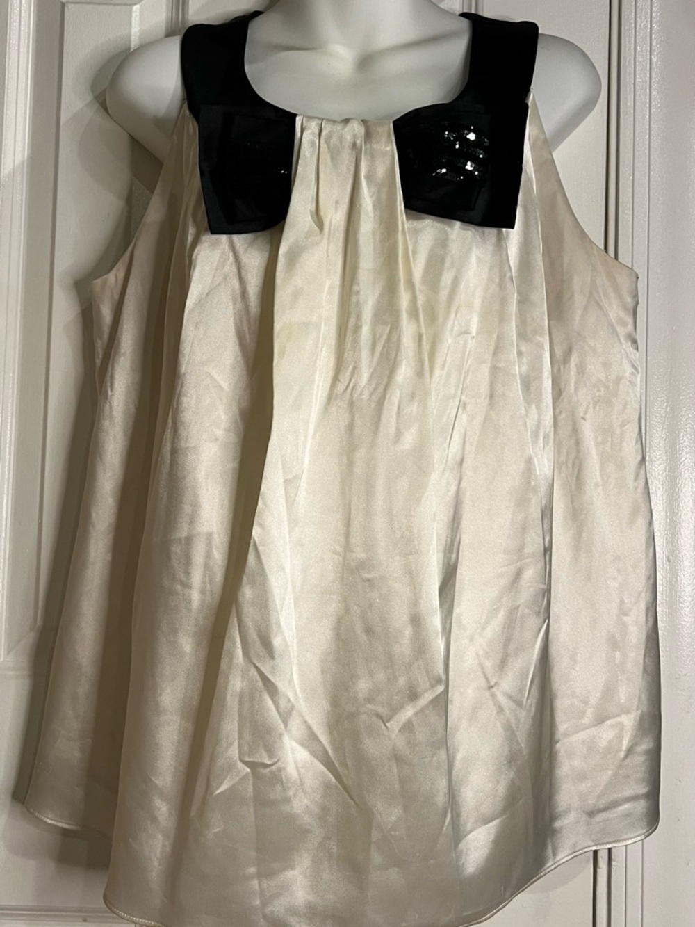 Roz & Ali Cream Satin Tank with Black Bow Collar
